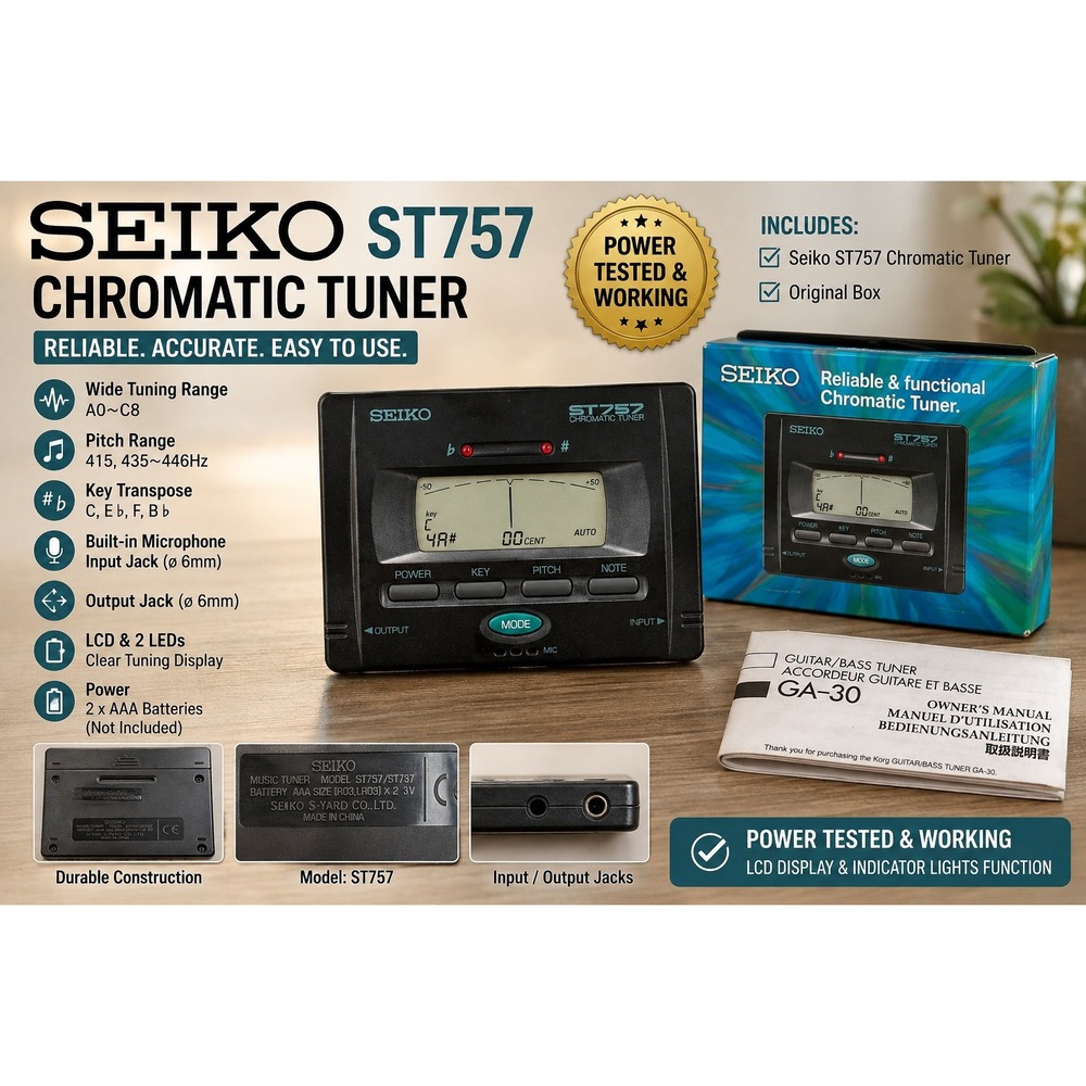 Seiko ST757 Chromatic Tuner for Guitar Bass and Instruments Black with Box